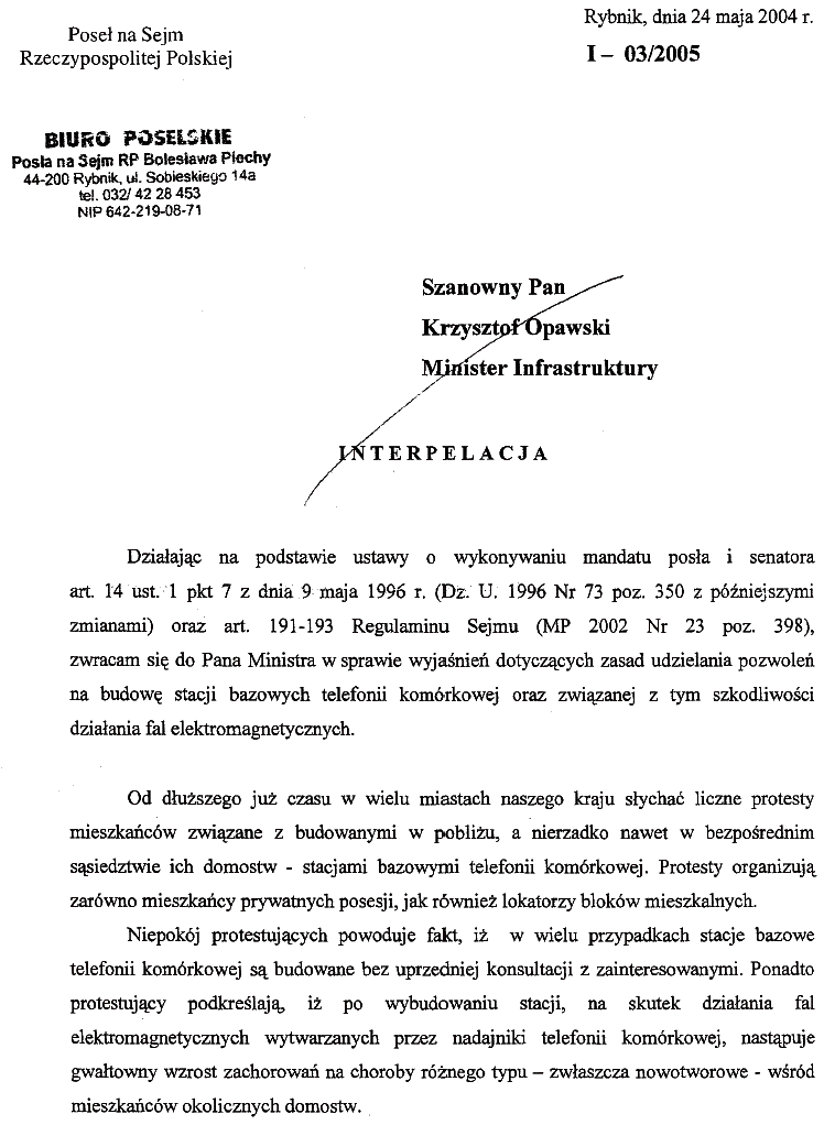 Interpelacja poselska pos�a Boles�awa Piecha zagro�enie polami elektromagnetycznymi 1